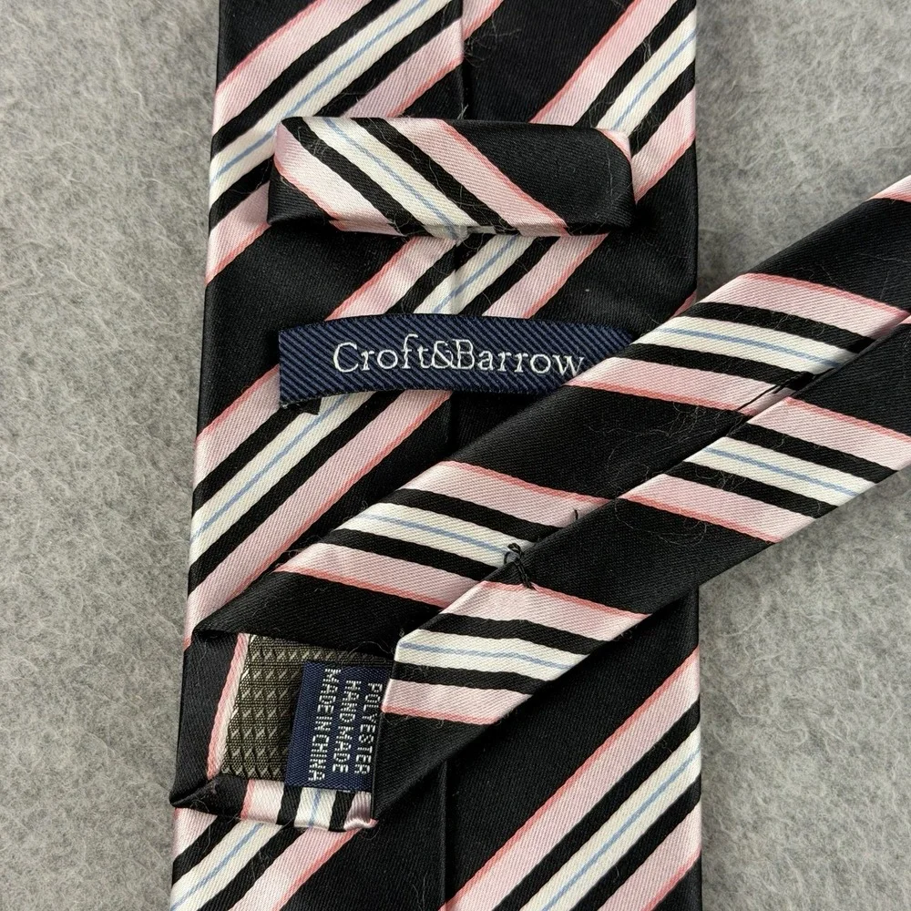 Croft & Barrow Black Pink White Blue Stripe Neck Tie 100% Polyester 60x3.25